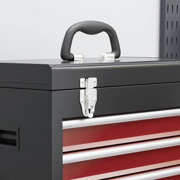 Tool storage chest close-up of top handle, metal latches, and red drawer front