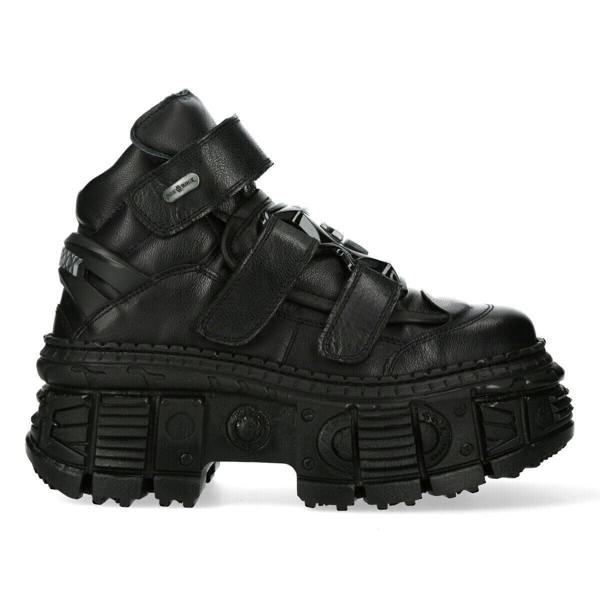 New Rock Metallic Ankle Black Leather Boots-WALL285-S2
