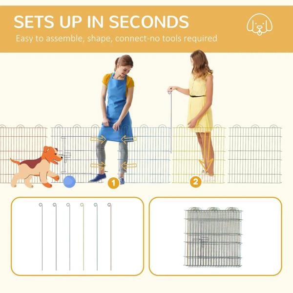 Six-panel pet playpen crate assembly steps, tool-free setup illustration