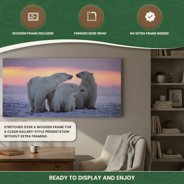 Large 3 Polar Bears Canvas Print, Black and White Wildlife Wall Art, 100 x 50 cm, Stretched Canvas on Wooden Frame