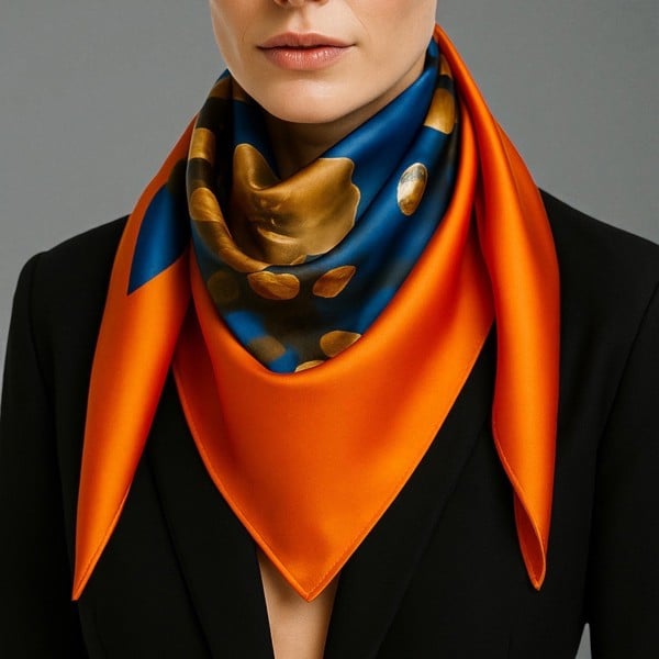 Silk scarf featuring an Orange Bird of Paradise with a White and Blue Cherry Blossom print, displayed around the neck to showcase its vibrant design.