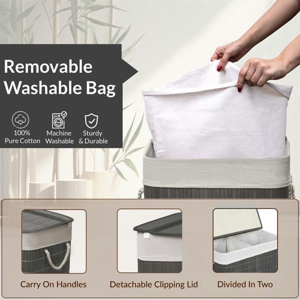 MANTRARAJ Bamboo Laundry Basket 105L Laundry Hamper with Lid Foldable Laundry Bin with 2 Compartments Grey