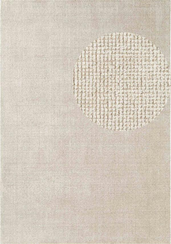 Textured beige rug with a central circular pattern
