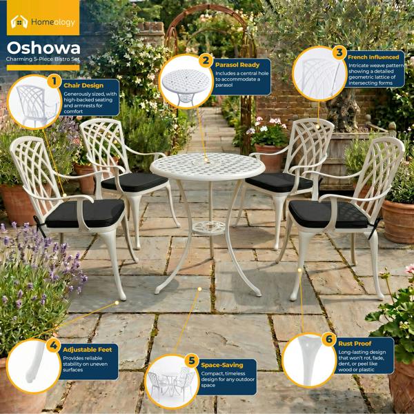 Homeology OSHOWA Luxurious Garden and Patio Table and 4 Large Chairs with Armrests Cast Aluminium Bistro Set - White with Black Cushions