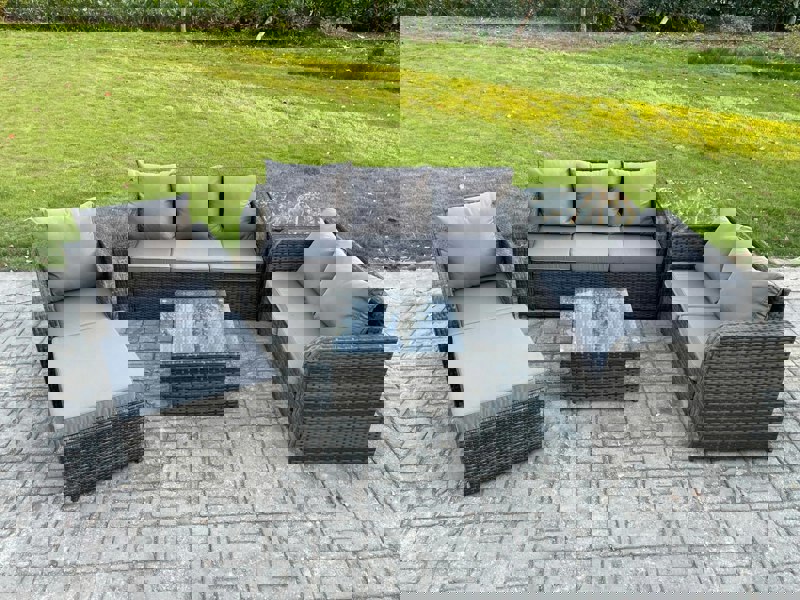 Fimous Rattan Garden Furniture 6 Piece Patio Set With Table Sofa Square Coffee Table Reclining Chair Loveseat sofa Big Footstool Side Table
