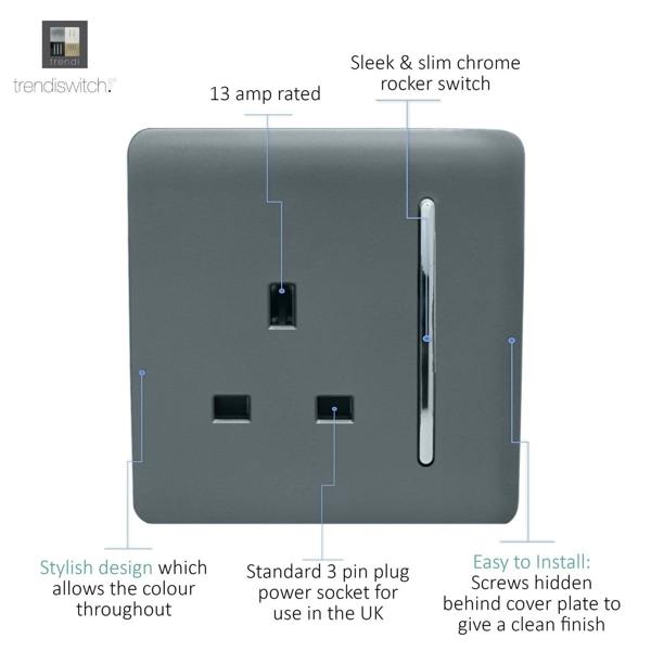 Trendi Switch 1 Gang 13 Amp Switched Plug Socket in Warm Grey