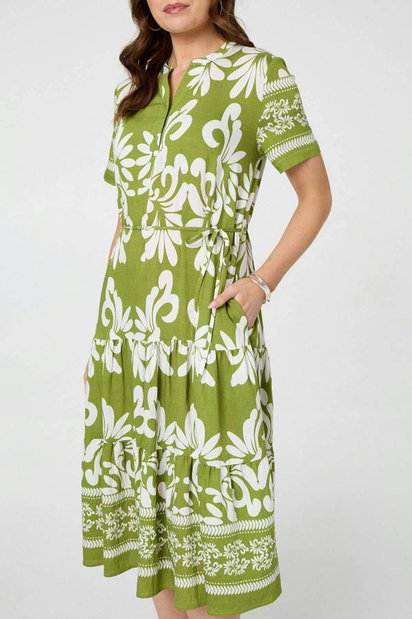 Green | Abstract Short Sleeve Tiered Midi Dress