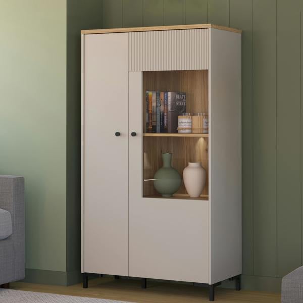 Furniture To Go Bixbite Display Cabinet with Fluted Detail, Doors & Open Shelving in Mauvella Oak and Sand