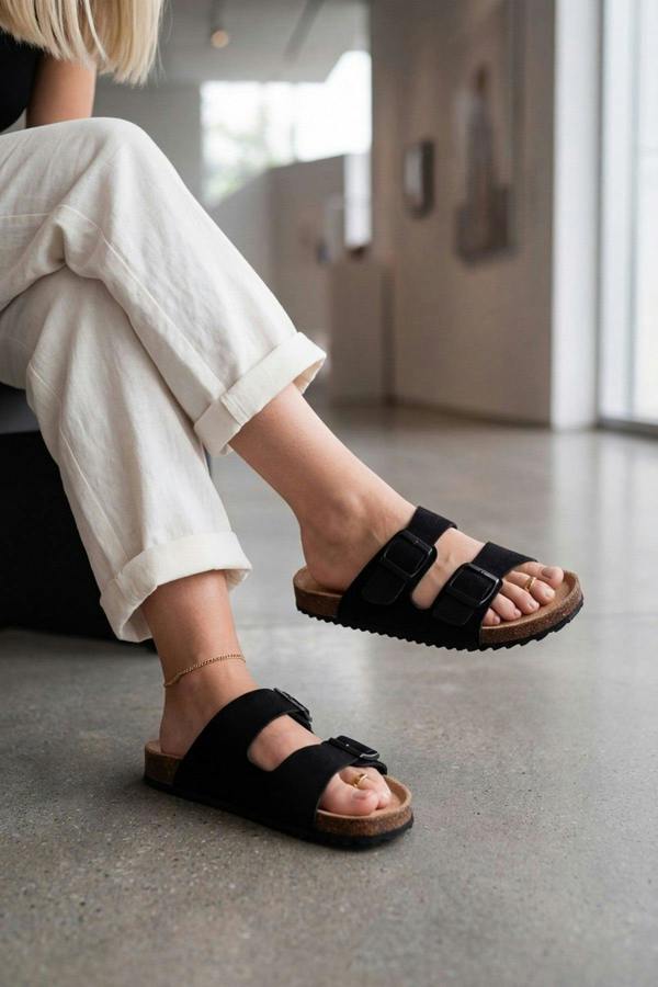 Harper Womens Double Buckle Cork Slide Sandals - JET BLACK