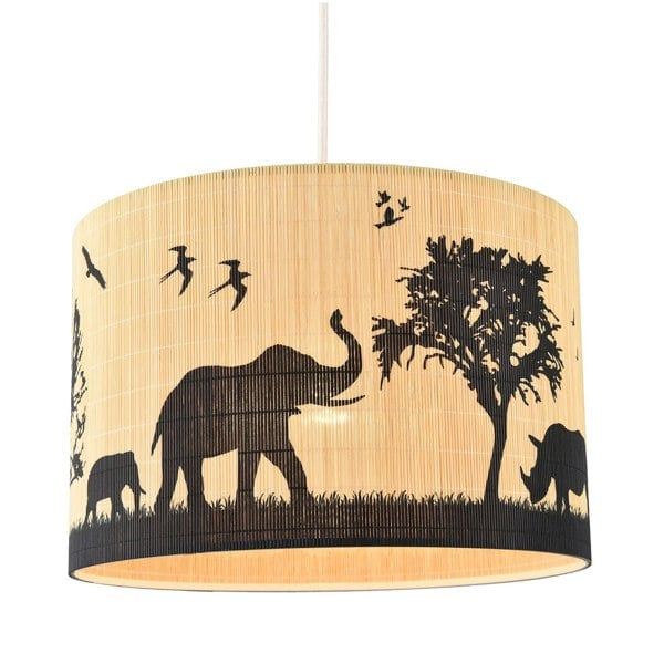 Modern Safari Bamboo Pendant Light Shade with Black Animals and Trees Image 1