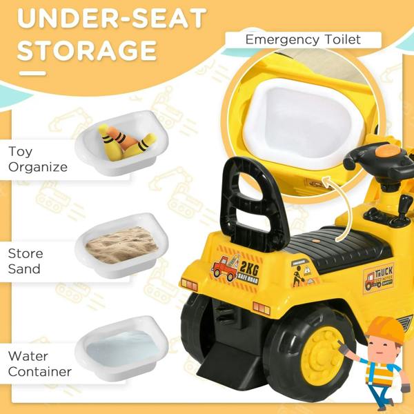 Yellow ride-on bulldozer toy with under-seat storage toilet container