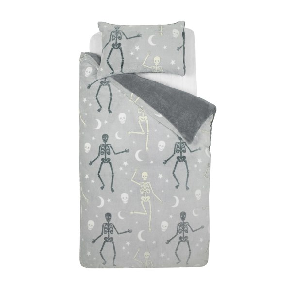 Catherine Lansfield Halloween Skeleton Fleece Glow in the Dark Duvet Cover Set Grey