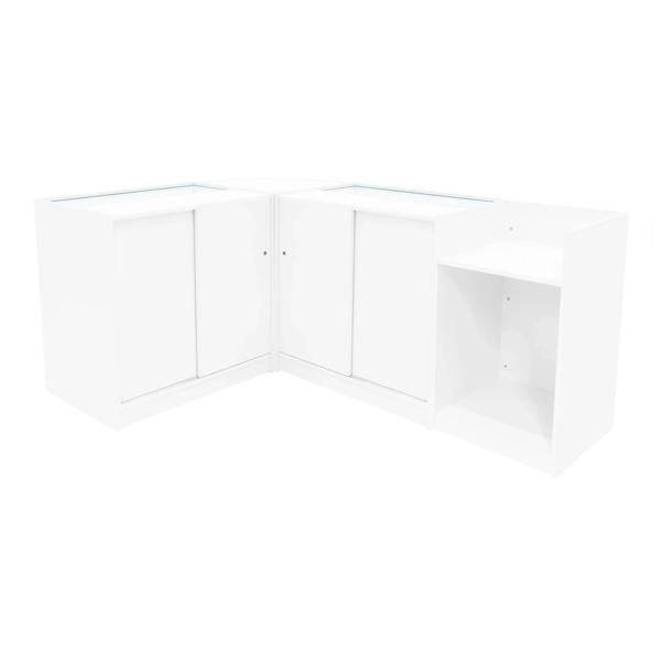 Hyperion LED Shop Counter Set in white, featuring sleek design, glass display tops, and ample storage with sliding doors and open shelves