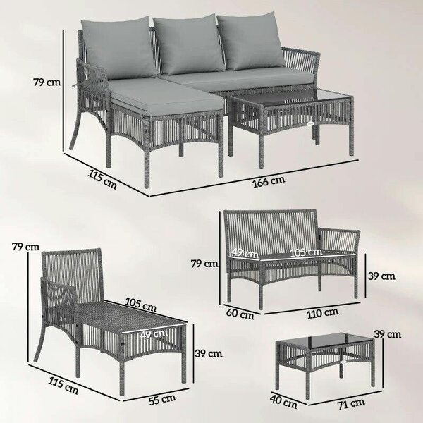 3 Piece Rattan Garden Furniture Corner Sofa Set with Chaise Lounge, Loveseat, Glass Coffee Table, Cushions, Dark Grey
