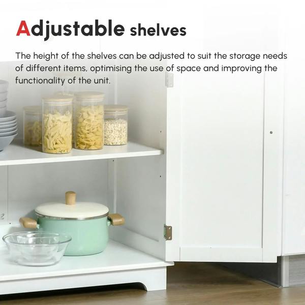 White cabinet with open doors revealing adjustable shelves and interior storage space