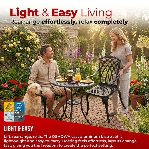 Centurion Supports OSHOWA Luxurious Garden and Patio Table and 2 Large Chairs with Armrests Cast Aluminium Bistro Set - Black