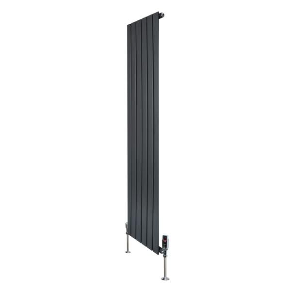 Flat single column radiator in anthracite grey, 1600mm x 420mm, featuring sleek vertical lines and modern valve design