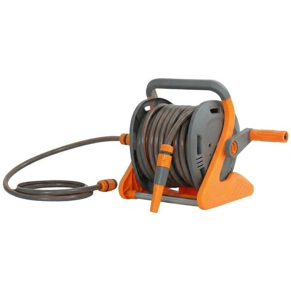 Bobobiy Portable Garden Hose Reel, 20+2 m Wall Mounted Hose Reel with 2 Patterns Spray Nozzle and Crank Handle, Orange