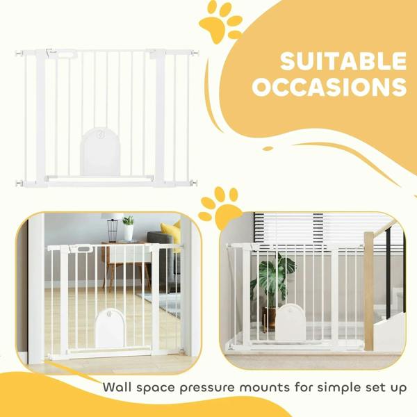 White pet safety gate with arched cat door shown for doorway or hallway use