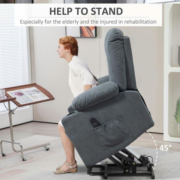 Grey upholstered lift recliner chair lifting and reclined, with side pocket and cup holder