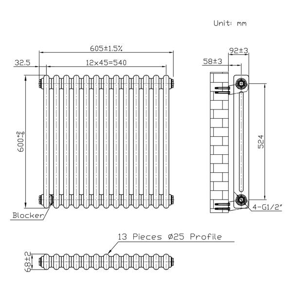 Monstershop Traditional 2 Column Radiator - 600 x 605mm - Raw Metal