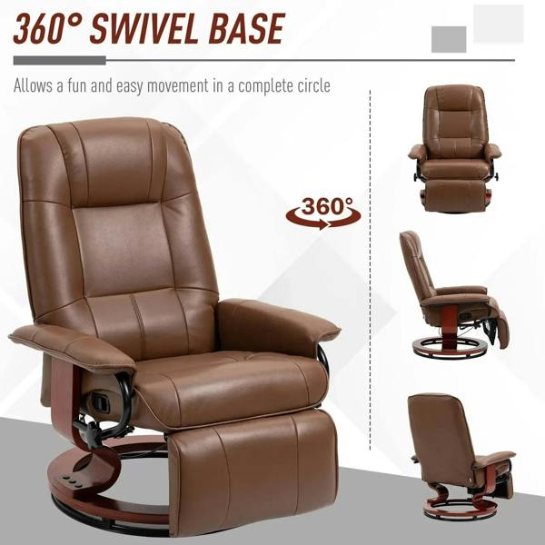 Brown faux leather recliner armchair on 360° swivel base with extended footrest