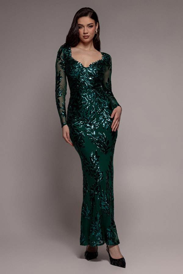 Sequin Leaf Long Sleeve Maxi Dress - Emerald Green DR4359
