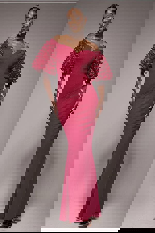 Off The Shoulder 3D Puffed Sleeve Sweetheart Maxi Dress - Burgundy DR4637