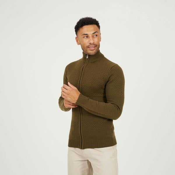 Brave Soul Khaki Zip Through Funnel Neck Knit Cardigan - Khaki Image 1