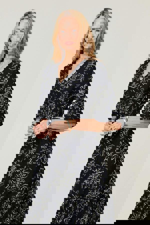 Navy | Printed Flare Sleeve Knee Length Dress