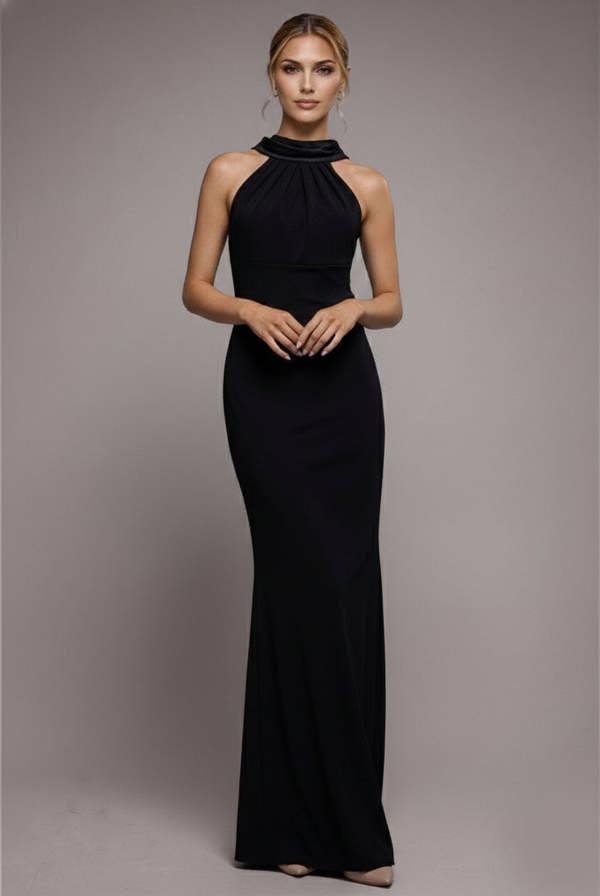 Satin Multi-Tie Halterneck Maxi Dress - Black DR4973QZ