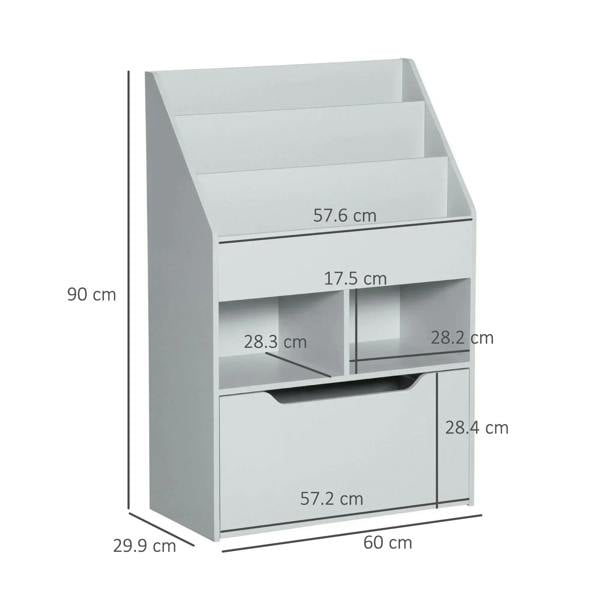 Grey kids bookshelf toy organizer with two open side compartments and lower drawer