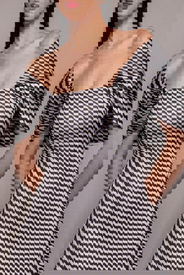 Stripe Off Shoulder Bow Back Satin Bow Mini Dress - Black White DR5053