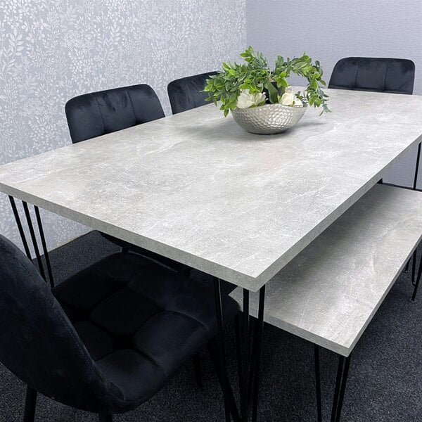 Kosy Koala Grey Dining Table with Hairpin Legs, Bench & 4 Black Velvet Chairs Set for Kitchen & Dining Room