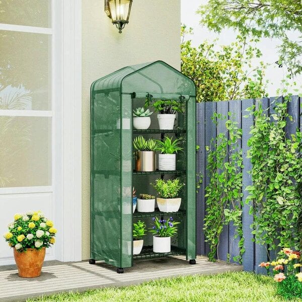Bobobiy 4 Tier Mini Portable Greenhouse Compact Plant Grow Shed Metal Frame PE Cover with Lockable Rolling Wheels , Green