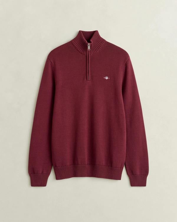 GANT Mens Casual Cotton Half Zip Jumper - 676 Deep Grape Wine | CHO | Designer Mens Half Zip Jumpers