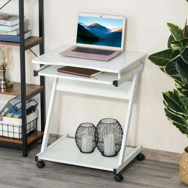 White mobile writing desk with sliding keyboard tray and two open storage tiers