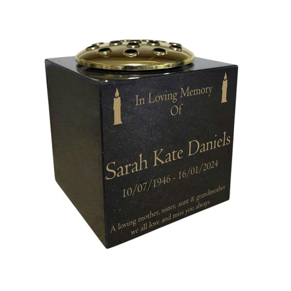Memorials Direct Granite Memorial Vase- Solid Granite – Free Personalised Gold Engraving , Candle – Includes Metal Flower Pot Insert