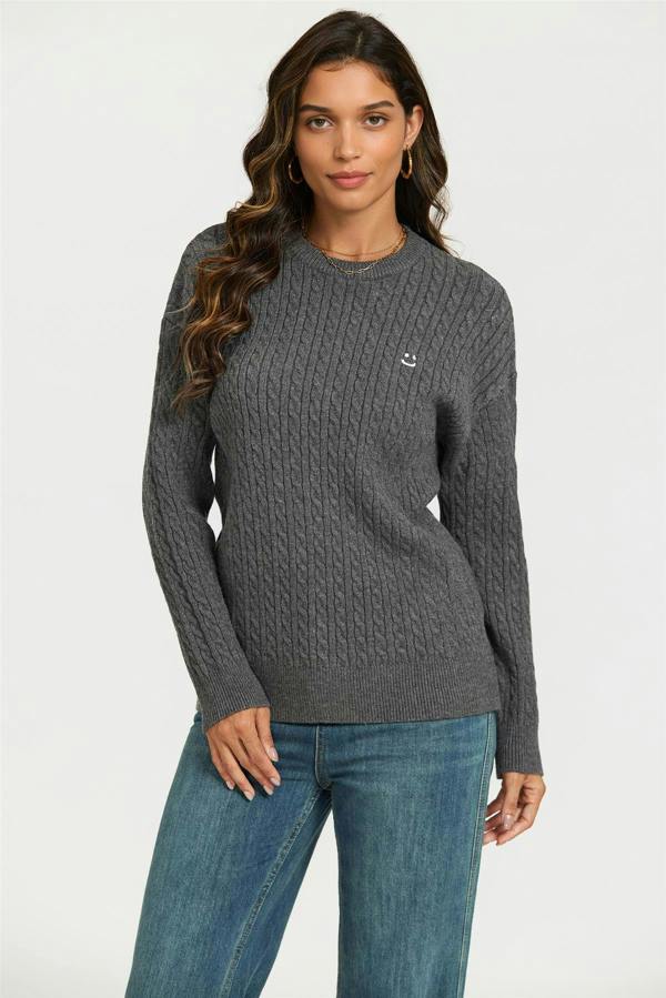 FS Collection Smiley Face Embroidery Jumper Top In Dark Grey