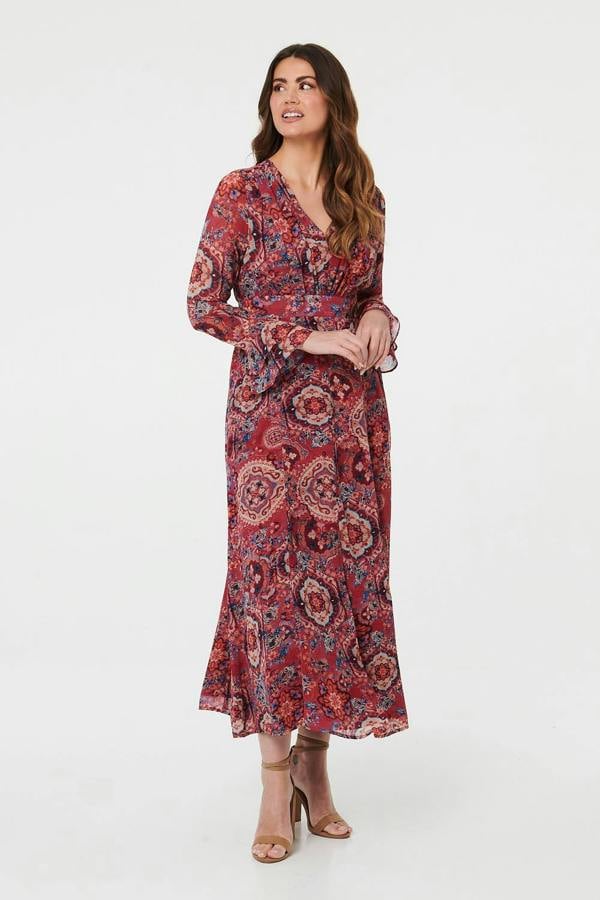 Red | Printed Ruched Long Sleeve Maxi Dress