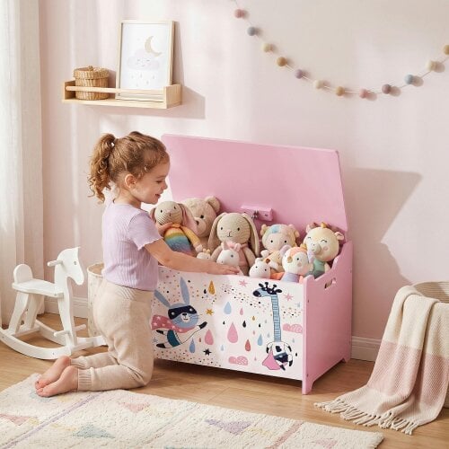 AIYAPLAY Storage Chest, Wooden Toy Chest with Lid, Security Hinges - Pink