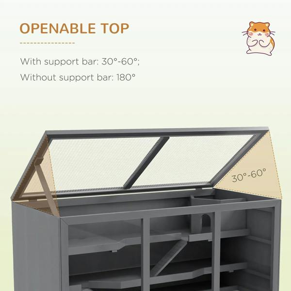 Grey wooden hamster cage with openable top lid and metal mesh roof