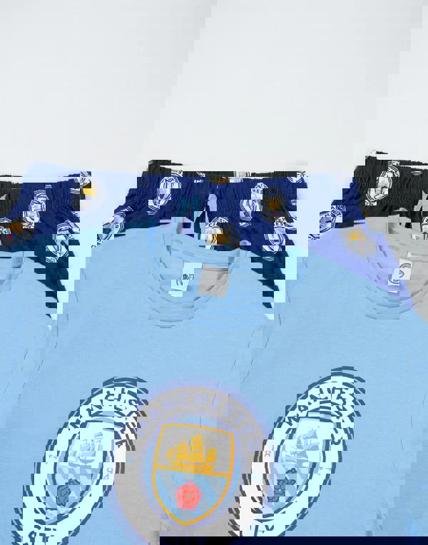 Manchester City Mens Blue Logo Short Sleeve Long Leg Pyjama Set