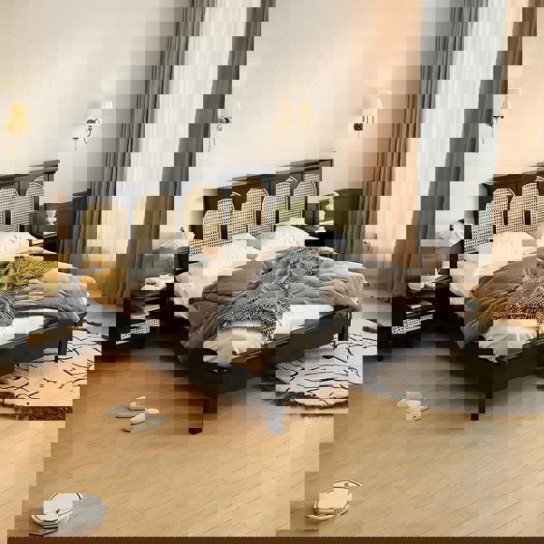 Rosemary Double Bed / King Size / Super King Size, Black Wood With Rattan-Rit Concept-Rit Concept