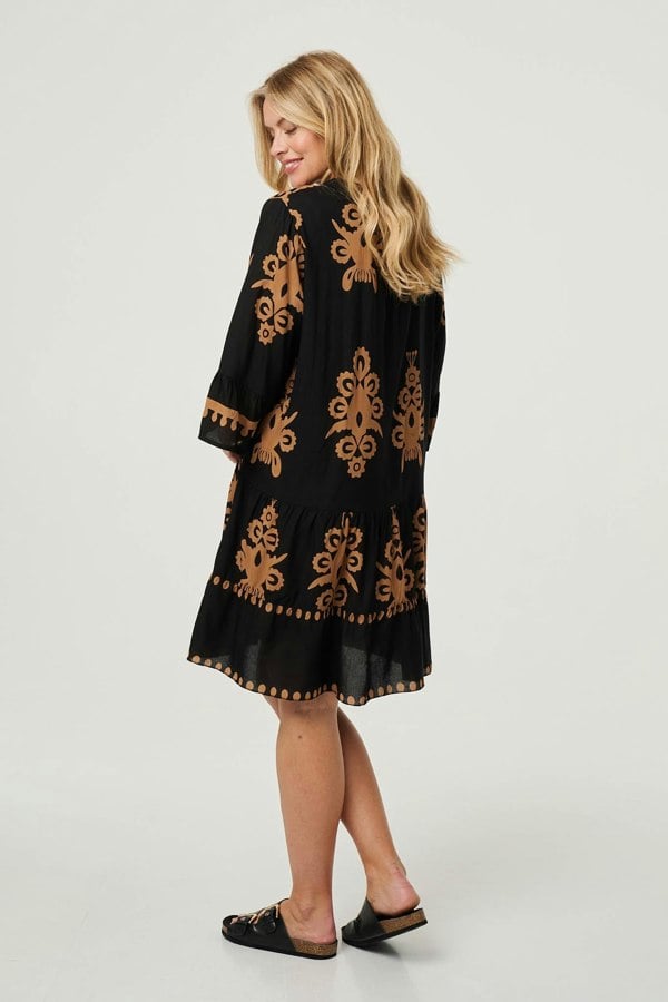 Black | Ikat Print Tiered Knee Length Dress
