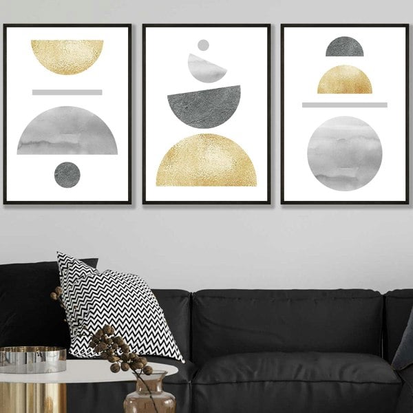 Artze Wall Art Golden Yellow and Grey Mid Century Geometric Framed Set of 3 Wall Art