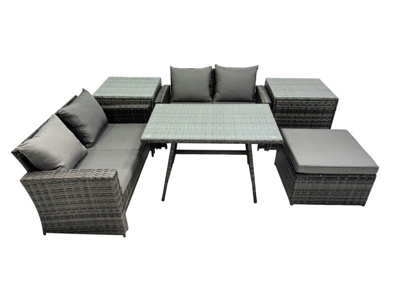 Fimous 5 Seater Wicker PE Rattan Furniture Outdoor Dining Table Double Seat Sofa Big Stool 2 Side Table Set Dark Grey Mixed