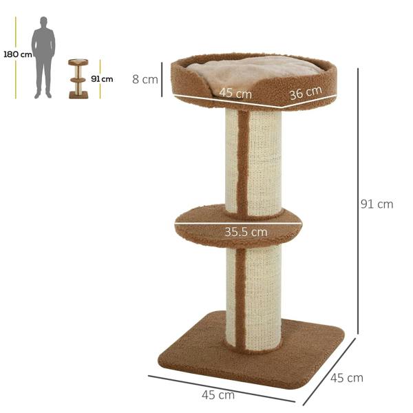 Cat tree tower with circular beds on sisal-wrapped posts and a large square base