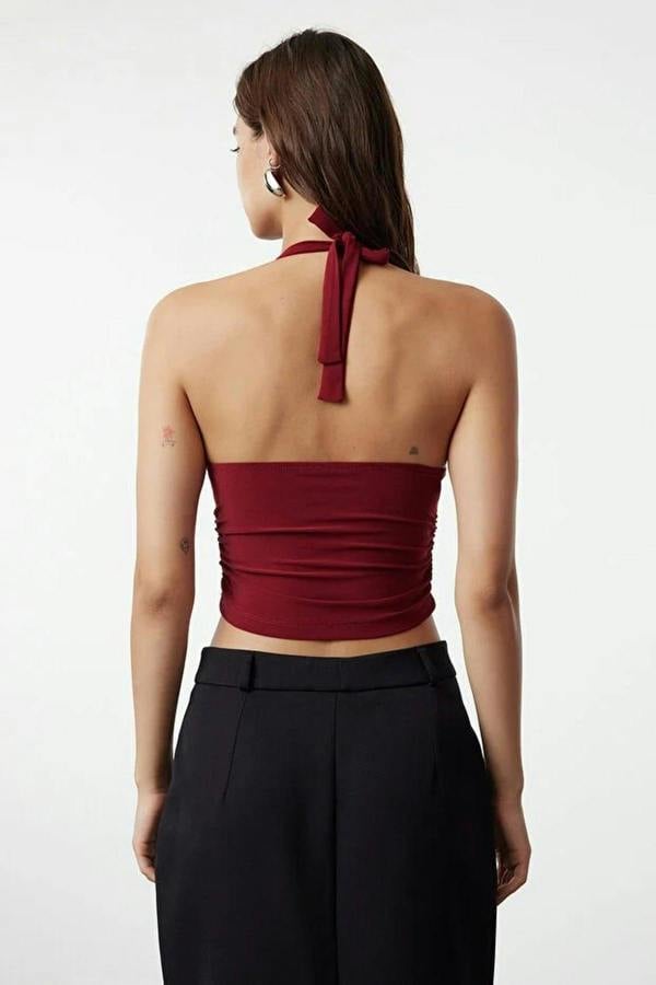 WOVCOR Halter Neck Patterned Fitted Crop Knit Blouse