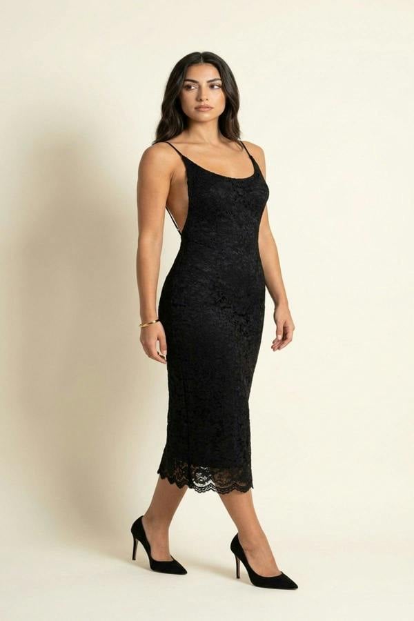 Viviana Strappy Floral Lace Midi Dress - Black